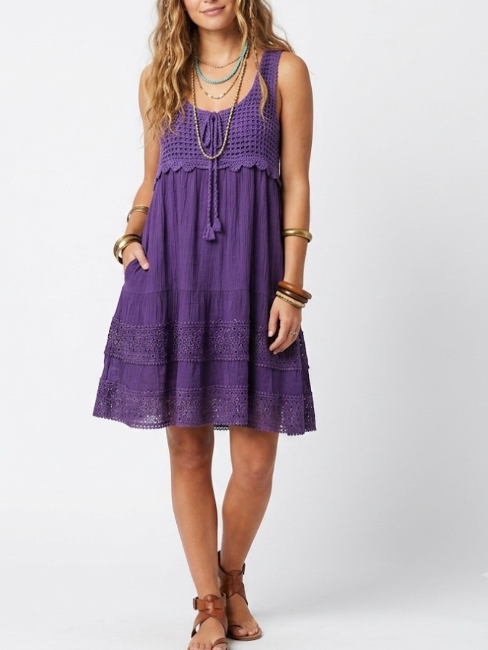 Papillon Boho Crochet Gauze Babydoll Dress Purple Size Med Large
